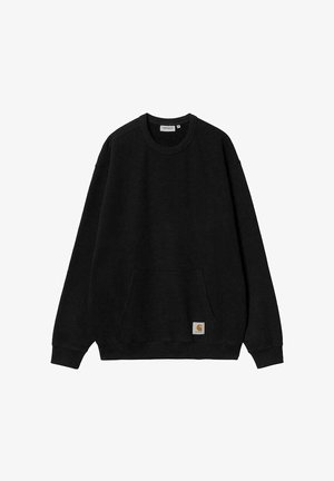 Black sweatshirt made of textured fabric, features a round neckline, long sleeves, and a front pocket with a small logo tag on the hem.