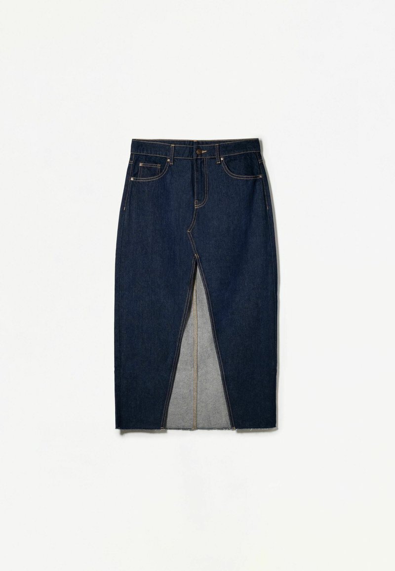 Džínová sukně tmavě modré barvy, s předním rozparkem a světle šedou vnitřní podšívkou. Obsahuje kapsy a zapínání na knoflíky v pase.