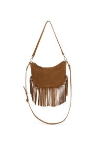 Borsa a tracolla in camoscio marrone con forma curva, caratterizzata da lunghe frange lungo il bordo inferiore e una tracolla regolabile per versatilità.