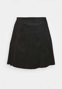 Gonna mini in suede nera con una forma svasata, dotata di una vita strutturata, cuciture verticali e una leggera lucentezza sul tessuto.