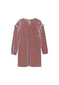 Samtkleid in sanftem Rosaton, mit langen Ärmeln, Rüschendetails an den Schultern und einem rückseitigen Schlüssel-Loch mit Knopfverschluss.