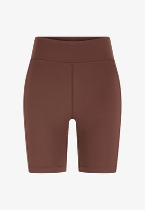 Pantaloncini da ciclismo atletici marrone a vita alta con cuciture flatlock e lunghezza a metà coscia, mostrati su sfondo bianco.
