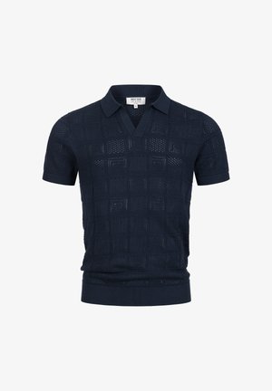 Polo a maniche corte in maglia blu navy con motivo a quadrati testurizzati e colletto a V.