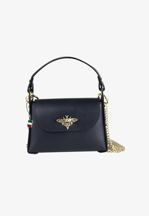 Navy leather handbag with gold bee emblem, detachable gold chain strap, and Italian flag charm. Smooth texture, structured shape, flap closure.