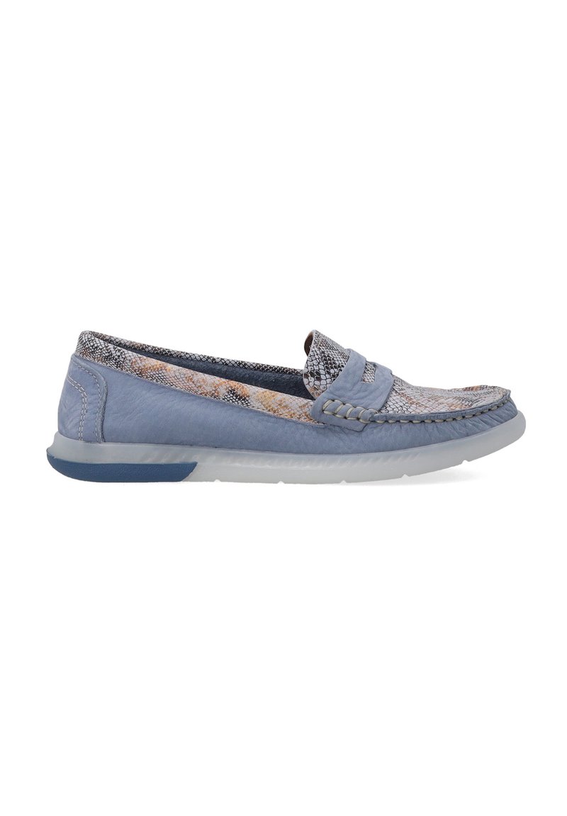 Blå slip-on sko med en tekstureret overdel og mønstrede accenter. Har en polstret sål og en diskret vævet detalje langs kanten.