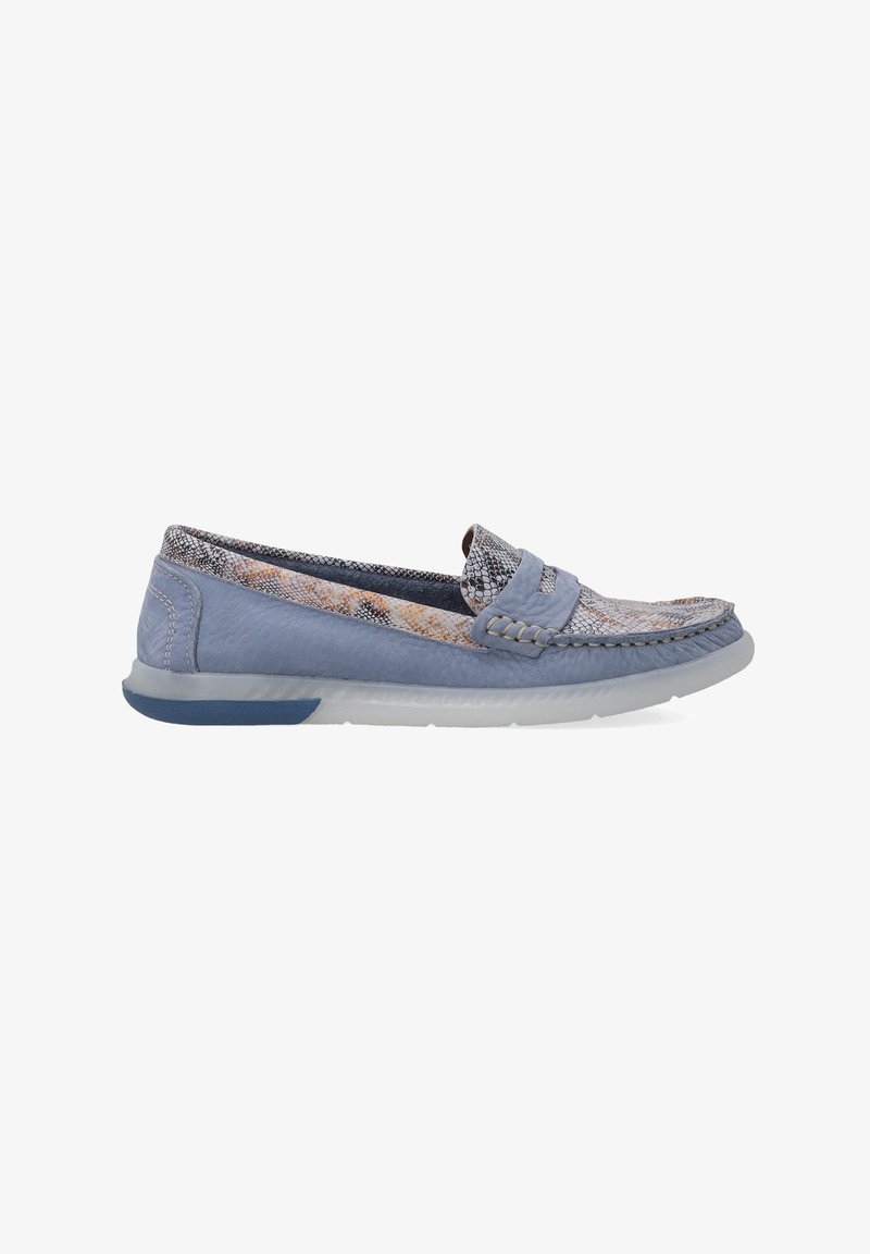 Blaue Slipper mit texturiertem Obermaterial und gemusterten Akzenten. Verfügt über eine gepolsterte Sohle und ein dezentes gewebtes Detail entlang der Kante.