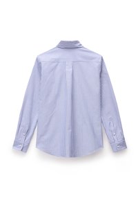 Long-sleeve shirt in light blue and white vertical stripes. Features a buttoned collar, cuffs, and a curved hemline. Cotton material.