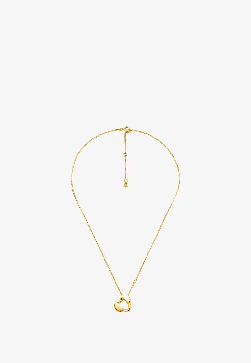 Collar en tono dorado con un colgante en forma de corazón, presenta un acabado suave y una cadena delicada, longitud ajustable con un pequeño cierre.