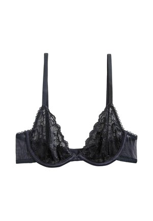 Čierna podprsenka s čipkovými detailmi, podporným drôtikom, nastaviteľnými ramienkami a hladkým saténovým povrchom na páse.