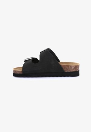 Sandalo nero a ciabatta con due cinturini regolabili con fibbia, soletta in sughero e suola nera scolpita, vista laterale su sfondo bianco.