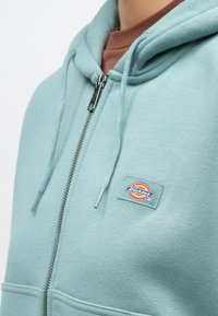 Άτομο που φοράει ανοιχτό μπλε φούτερ μ ε φερμουάρ και κορδόνια κουκούλας, με πλακέτα λογότυπου Dickies, από πάνω από ένα καφέ μπλουζάκι με στρογγυλή λαιμόκοψη.