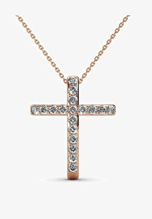 Roze gouden kruis hanger ketting, versierd met heldere edelstenen, met een gladde afwerking en een delicate ketting. Afmetingen zijn niet gespecifieerd.