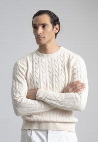 Suéter de punto trenzado color crema con un cuello redondo y puños acanalados. Presenta patrones texturizados por todo su diseño, silueta ajustada y una apariencia acogedora.