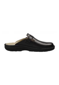 Black leather slip-on clog with adjustable strap and cushioned beige insole, designed for casual comfort and easy wear.