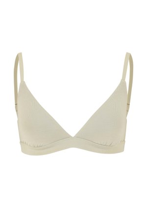 Bralette triangle beige avec des fines bretelles ajustables, en tissu lisse, dotée d'une bande sous le buste froncée pour un bon ajustement et un confort optimal.
