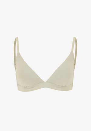 Bralette triangular beige con tirantes delgados ajustables, hecho de una tela suave, que presenta una banda inferior fruncida para un mejor ajuste y comodidad.