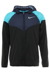 Veste à capuche zippée pour homme avec corps noir, poitrine supérieure marine, épaules bleu clair et un logo Nike gris sur la poitrine droite.