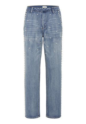 Jeans in denim azzurro chiaro con gambe dritte, impreziositi da perline bianche sui lati e sparse sulla parte frontale. Design classico a cinque tasche.