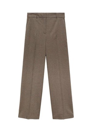 Pantaloni a quadri marroni con design a gamba larga, realizzati in tessuto testurizzato. Presentano una vita standard e dettagli di piega frontale.