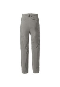 Pantalons de plein air gris en tissu léger, avec une coupe droite, plusieurs poches et une texture lisse.