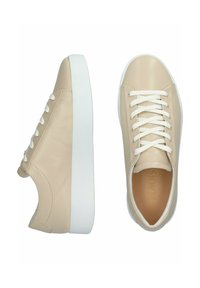 Beige leather sneakers with white rubber soles, round toe, and contrasting white laces. Smooth texture with minimal detailing.