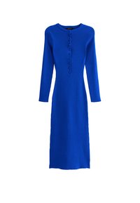 Abito a maniche lunghe in maglia a coste di un brillante blu. Presenta un collo rotondo e una fila di sei bottoni sulla parte anteriore. Silhouette aderente.