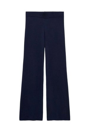 Marineblaue weite Hosen mit einem gerippten Taillenbund, hergestellt aus einem weichen, strukturierten Stoff; sie bieten einen entspannten Sitz und ein langes Design.