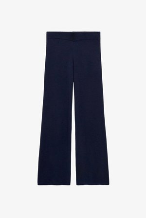 Marineblaue weite Hosen mit einem gerippten Taillenbund, hergestellt aus einem weichen, strukturierten Stoff; sie bieten einen entspannten Sitz und ein langes Design.