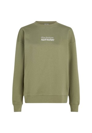 Olive green sweatshirt in soft fabric, featuring a crew neck, ribbed cuffs, and a white printed logo reading "The Future Surf Society."