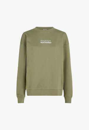 Olīvu zaļš džemperis no mīkstas auduma, ar apaļu kaklu, ribotām piedurknēm un balto drukāto logo "Nākotnes sērfošanas sabiedrība".