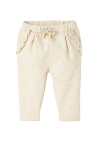 Cremefarbene Babyhosen mit strukturierter Oberfläche, die kleine Herzmuster, Rüschen an den Seiten und eine dekorative Schleife an der Taille aufweisen.