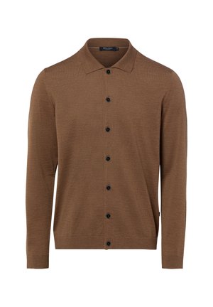 Brauner langärmeliger Cardigan mit Knöpfen, Kragen und schwarzen Knöpfen aus feinem Strickstoff.