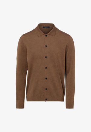 Brauner langärmeliger Cardigan mit Knöpfen, Kragen und schwarzen Knöpfen aus feinem Strickstoff.