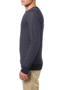 Mörkblå tröja med texturerad söm, prydd med vita prickar, med ribbad nederkant och ärmslut för en åtsittande finish.