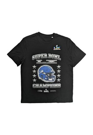 T-shirt nera con testo "Super Bowl LX Champions", un casco da football blu, stelle e loghi dei Seahawks sul davanti.