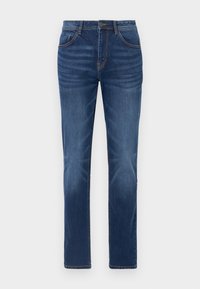 Blå raka denimjeans med fem fickor, dragkedja och knappstängning, visade mot en vit bakgrund.