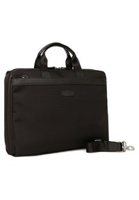 Black polyester briefcase with leather accents, top handles, and a detachable shoulder strap; features a zippered main compartment.