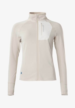 Veste beige clair à fermeture éclair intégrale, col montant, manches longues, et une fermeture éclair de poche poitrine blanche avec le texte "SWEDMOUNT".