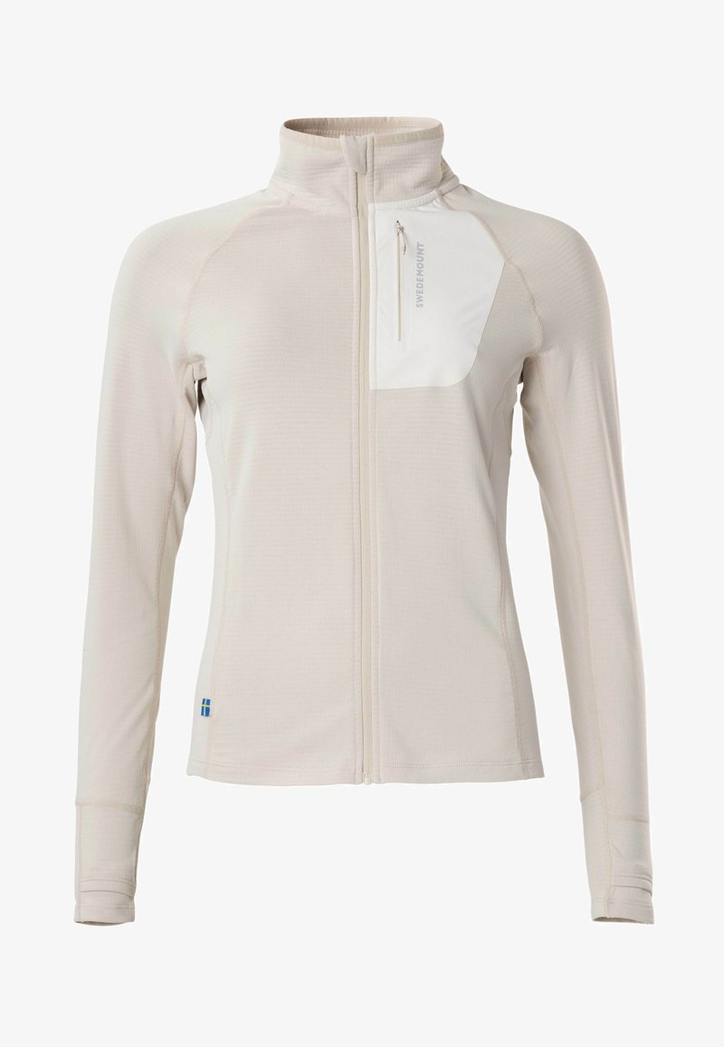 Giacca beige chiaro con chiusura integrale a zip, colletto alto, maniche lunghe e cerniera bianca sulla tasca sul petto con la scritta "SWEDMOUNT".