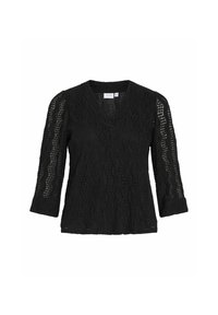 Top in pizzo nero con scollatura a V, maniche a tre quarti, motivo a onde testurizzato e pannelli trasparenti lungo le maniche.