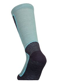 Light blue and navy sock with ribbed texture, reinforced heel, and toe. Features a contrasting turquoise design along the sides.