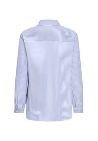 Langärmliges Hemd mit blauen und weißen vertikalen Streifen, von hinten betrachtet, mit zugeknöpften Manschetten und geradem Saum.
