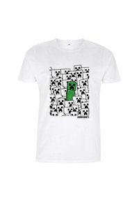 Bílý bavlněný tričko s potiskem několika černobílých čtvercových obličejů a s centrální postavou v zelené barvě. Obsahuje logo "Minecraft".