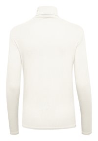 Langärmliges, kragenloses, weißes Polohemd mit glatter, weicher Textur und figurbetonter Form, das ein sauberes, minimalistisches Design aufweist.