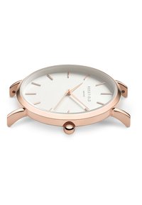 Montre en or rose avec un cadran blanc, marqueurs d'heure fins et design minimaliste. Dotée d'une couronne proéminente et de cornes courbées pour le style.