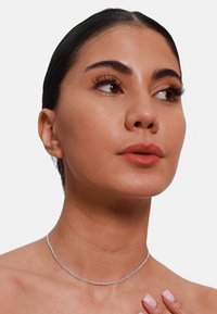 Collana choker in argento sterling con una catena sottile e delicata, texture liscia e una lucentezza sottile. Indossata attorno al collo. Design semplice ed elegante.