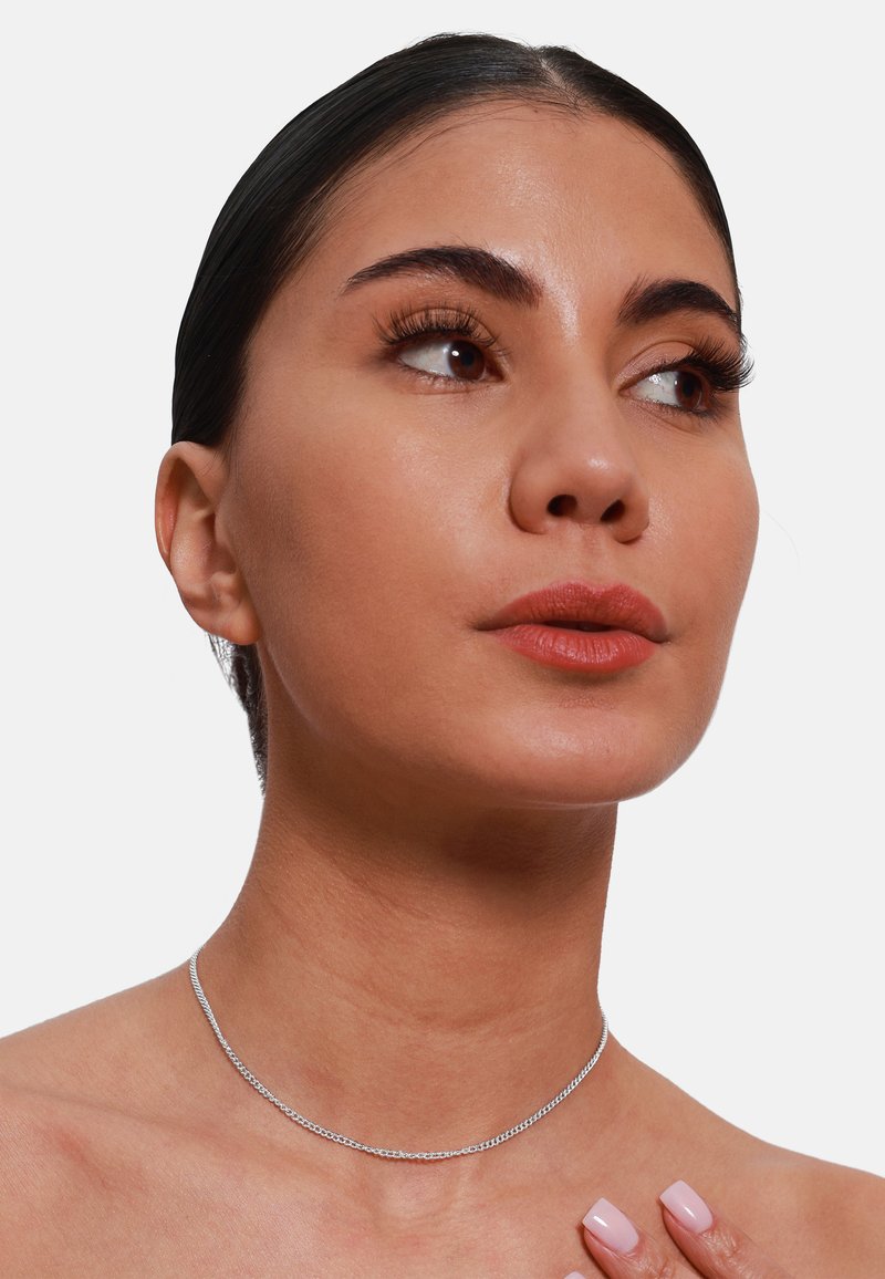 Collana choker in argento sterling con una catena sottile e delicata, texture liscia e una lucentezza sottile. Indossata attorno al collo. Design semplice ed elegante.