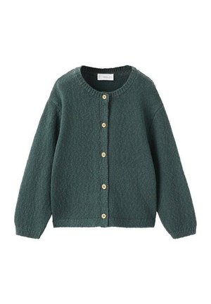 Cardigan en tricot vert foncé à manches longues, col rond, et cinq boutons beige sur le devant.