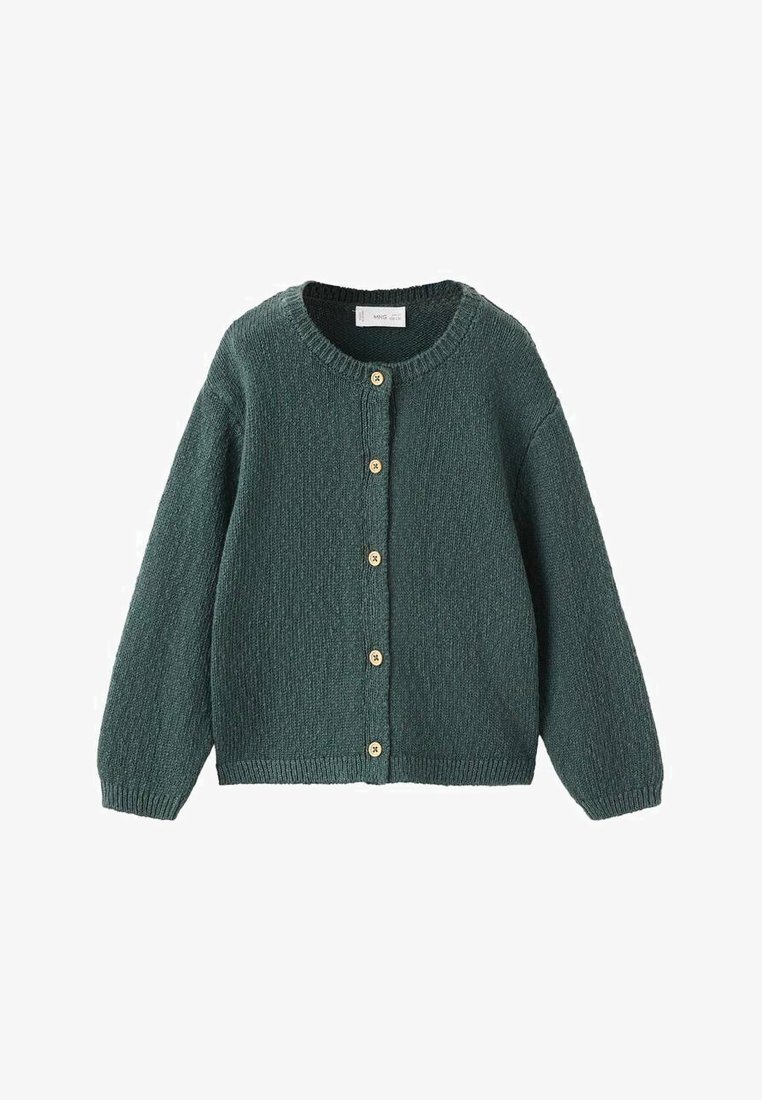 Cardigan en tricot vert foncé à manches longues, col rond, et cinq boutons beige sur le devant.