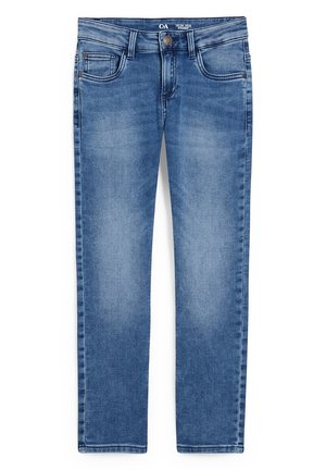 Jean bleu droit avec délavage, bouton avant, fermeture éclair, et design à cinq poches, taille 140 cm.